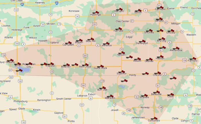map of southern Nebraska and northern Kansas